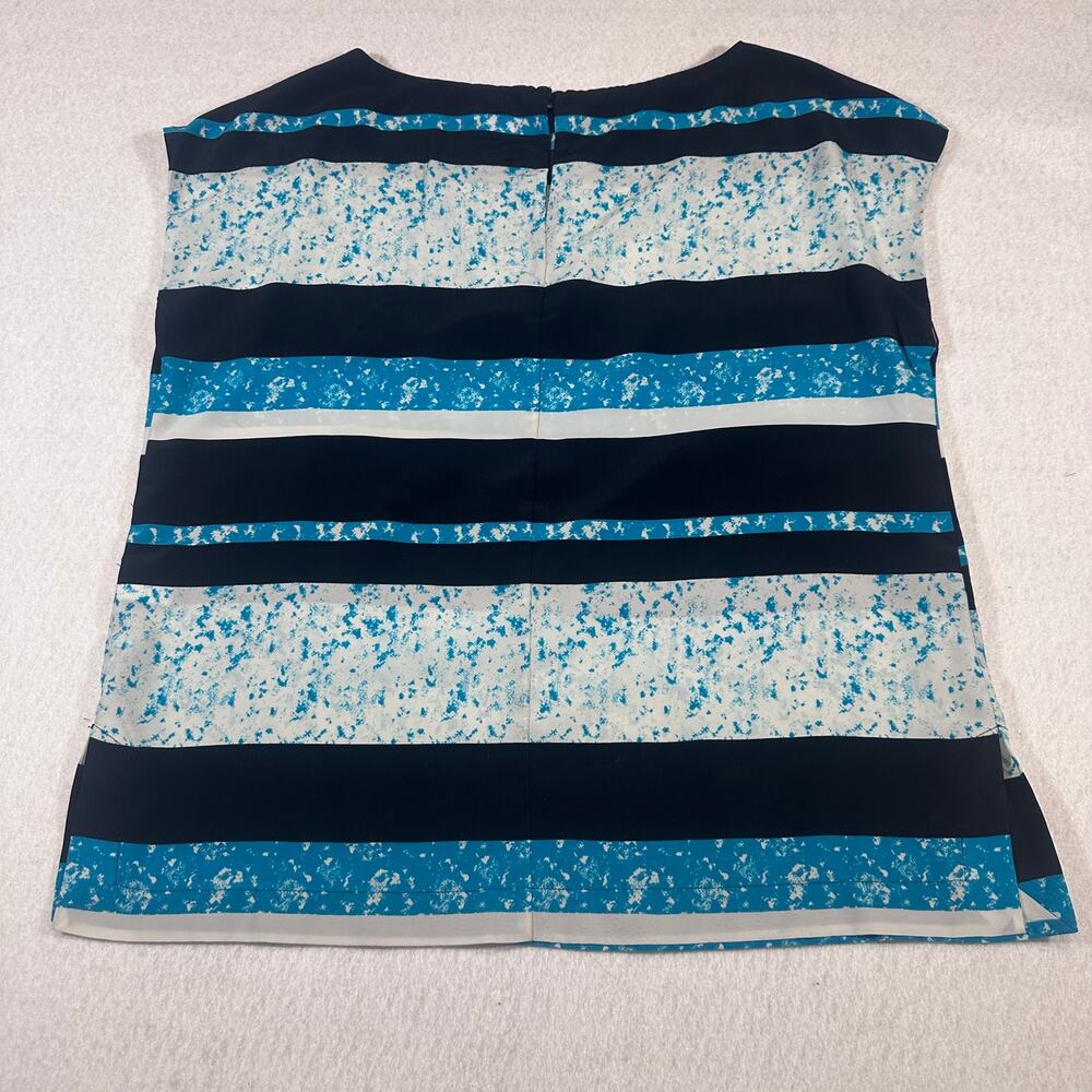 Liz Claiborne Petite PM Blue Black White Striped Short Sleeve Blouse Top